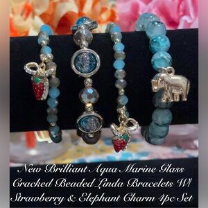 Aqua Marine Glass Beaded Linda Bracelets W/Strawberry & Elephant Charms 4pc